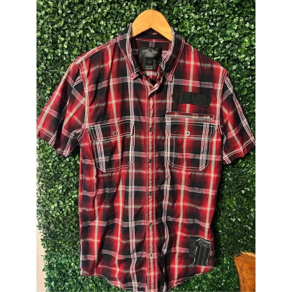 Harley Davidson Red Plaid Striped Button Front Shirt Mens Medium